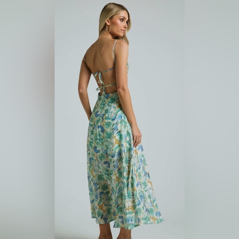 Saints & Secrets MIDI DRESS - CUP BUST SLEEVELESS SLIT IN GREEN FLORAL Sz M - Picture 2 of 11